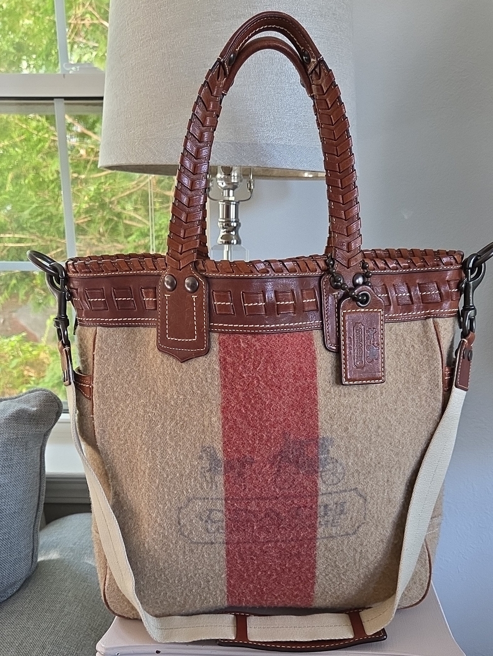 COACH 2007 Tattersall Wool & Leather Whipstitch Braided Shoulder Tote #11479